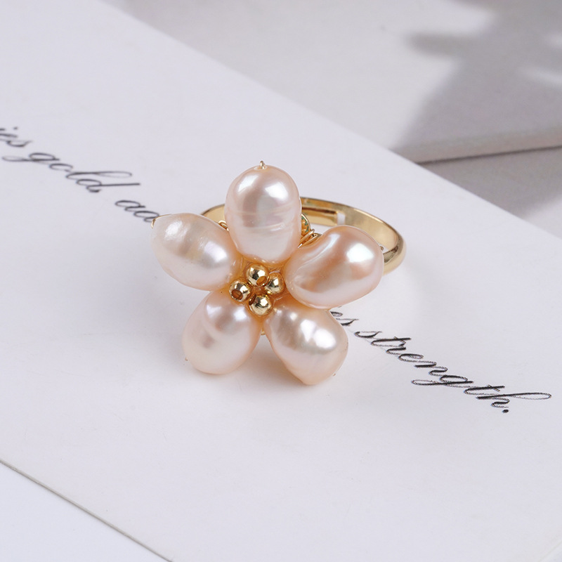 Pearl Blossom Ring, Freshwater Baroque Pearls, Gold-Plated Adjustable Band - Image 2