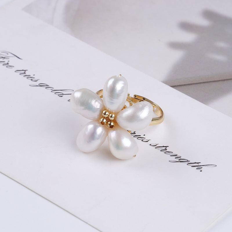 Pearl Blossom Ring, Freshwater Baroque Pearls, Gold-Plated Adjustable Band - Image 5