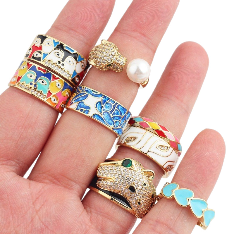 Colourful Wide Band Ring, Enamel-Style Colour Fill, Gold-Plated Copper, Adjustable - Image 5