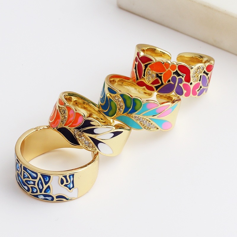 Colourful Wide Band Ring, Enamel-Style Colour Fill, Gold-Plated Copper, Adjustable - Image 4