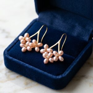 Pearl Flower Cluster Earrings, Soft Pink Pearl Drop Earrings, Gold-plated hooks