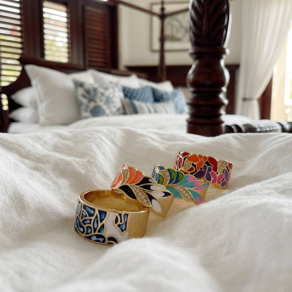 Colourful Wide Band Ring, Enamel-Style Colour Fill, Gold-Plated Copper, Adjustable