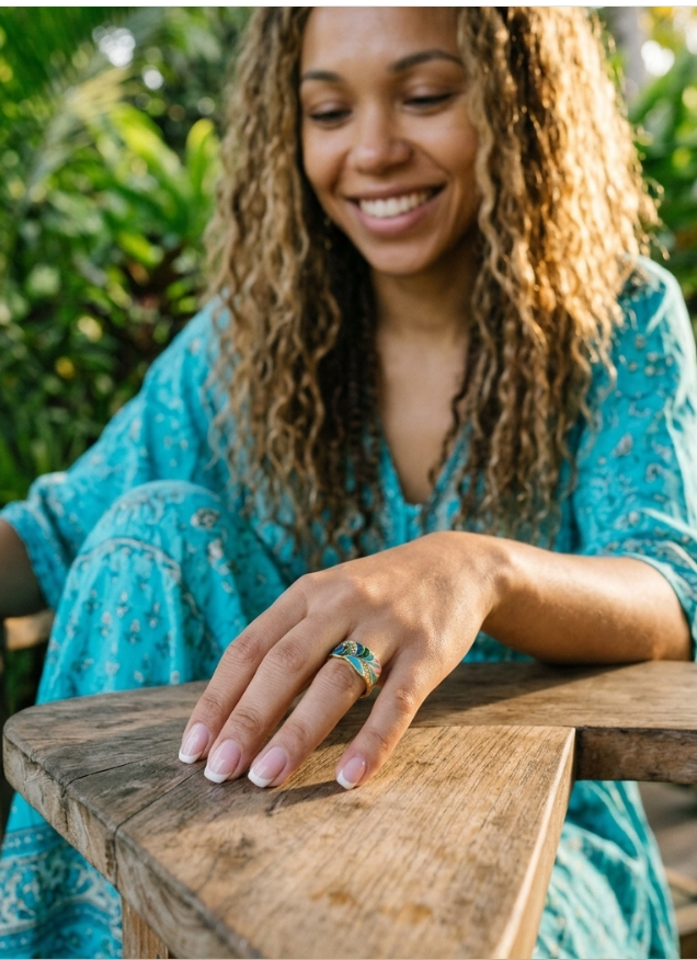 Colourful Wide Band Ring, Enamel-Style Colour Fill, Gold-Plated Copper, Adjustable - Image 6