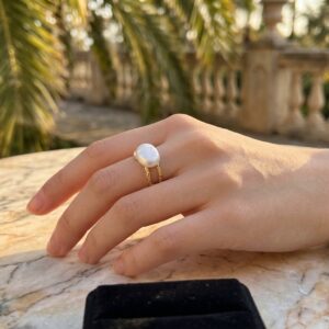 Flat Baroque Pearl Open Ring, Freshwater Pearl, Textured Gold-Plated Band, Adjustable