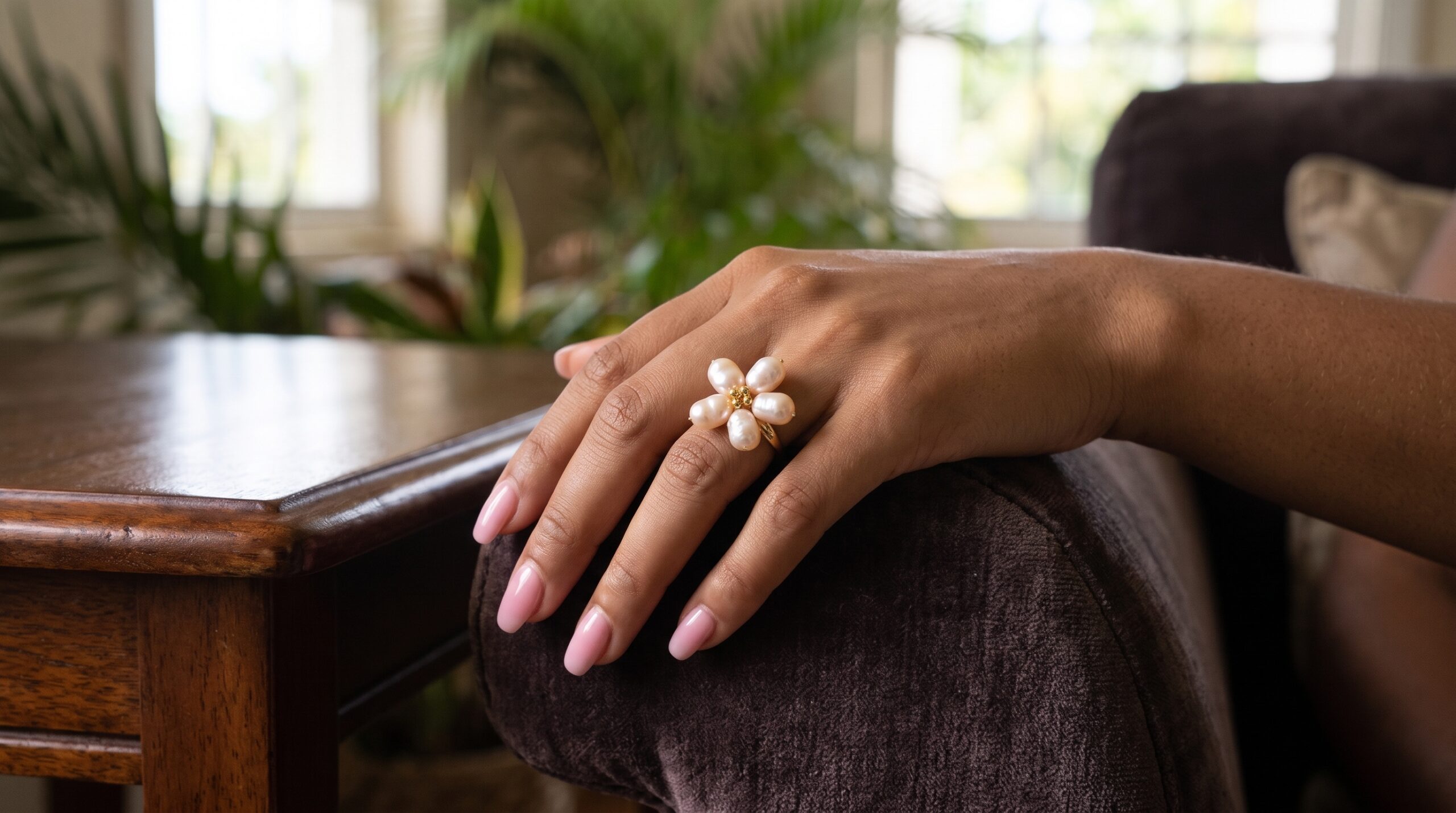 Pearl Blossom Ring, Freshwater Baroque Pearls, Gold-Plated Adjustable Band - Image 4