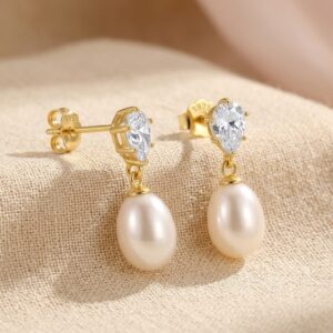 Pearl Drop Earrings with Pear-Cut Crystal Top, Gold-Plated 925 Silver Posts